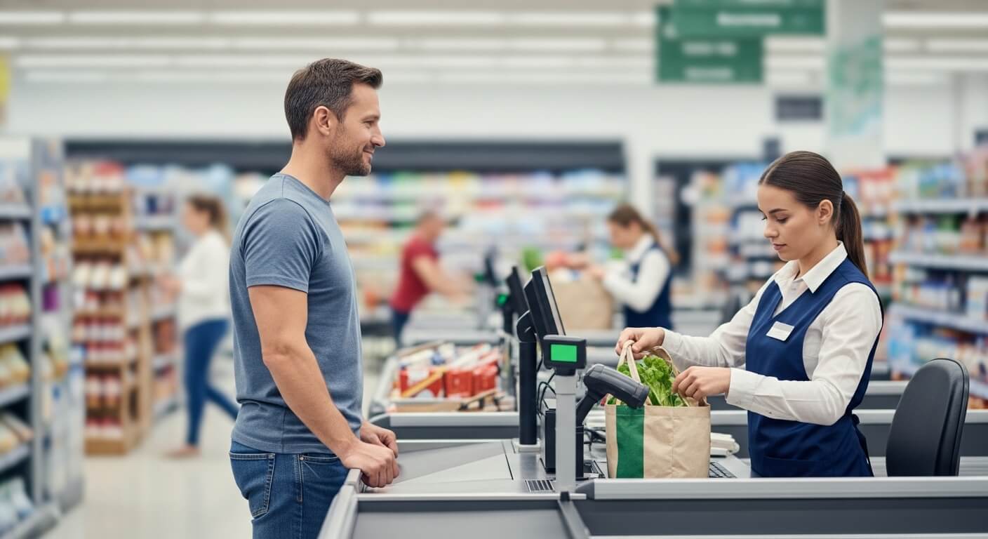 Man paying at grocery store checkout while cashier bags groceries in reusable bag