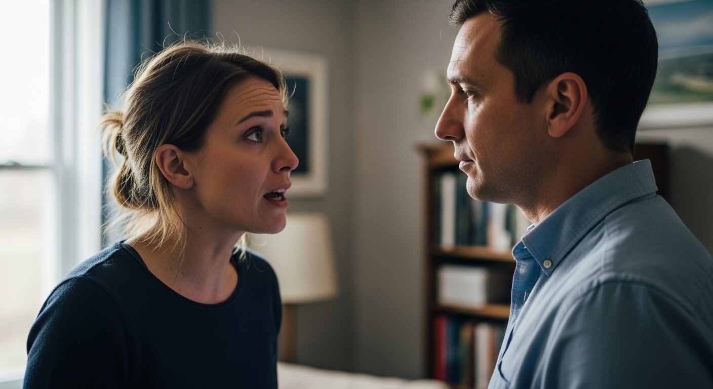 Woman speaking emotionally to a man in a blue shirt in a home setting with bookshelves in the background.