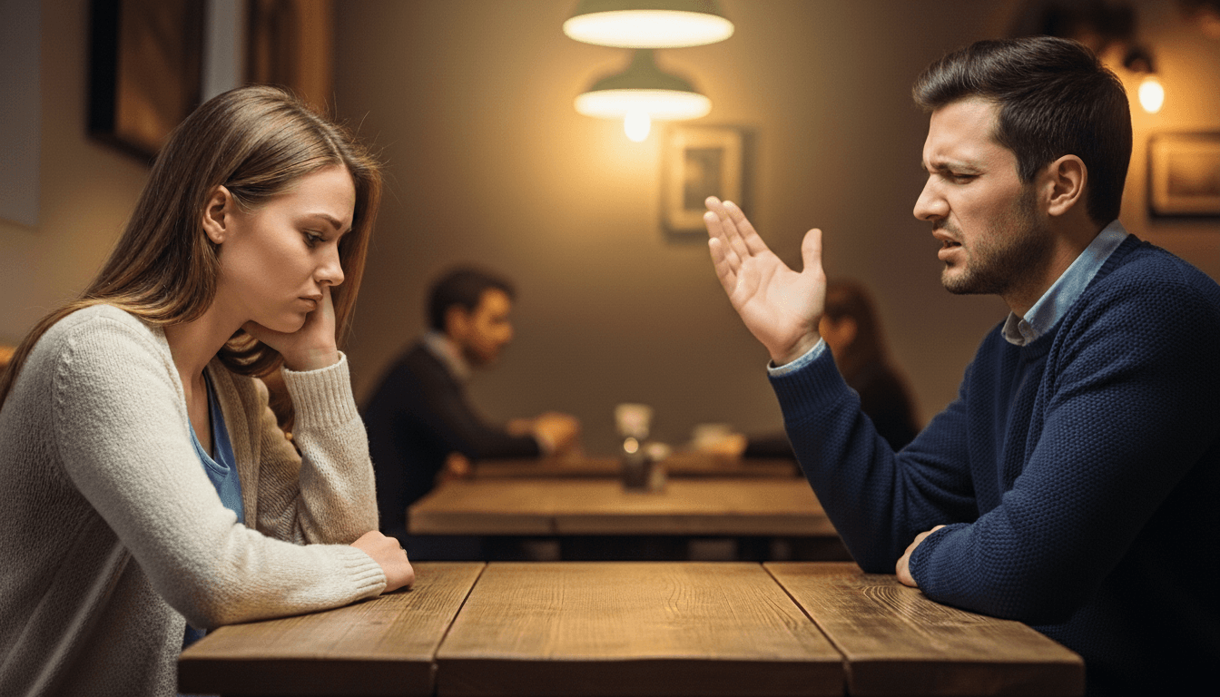 Man and woman having a tense conversation at a wooden table in a dimly lit café.