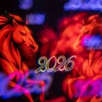 Red horse illustration with the year 2026 repeated in colorful light reflections on a black background.