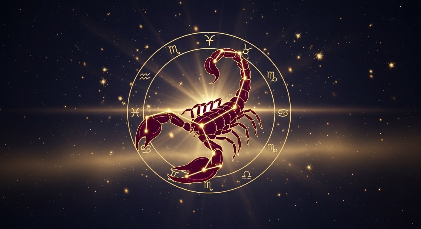 Glowing Scorpio zodiac sign constellation with surrounding astrological symbols on a starry background.