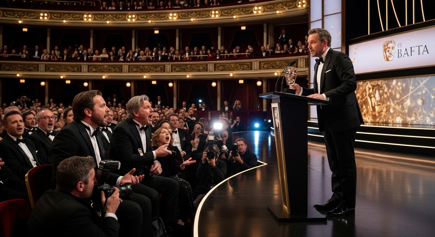 Actor holding a BAFTA award giving a speech on stage at the BAFTA ceremony with an engaged audience and photographers.