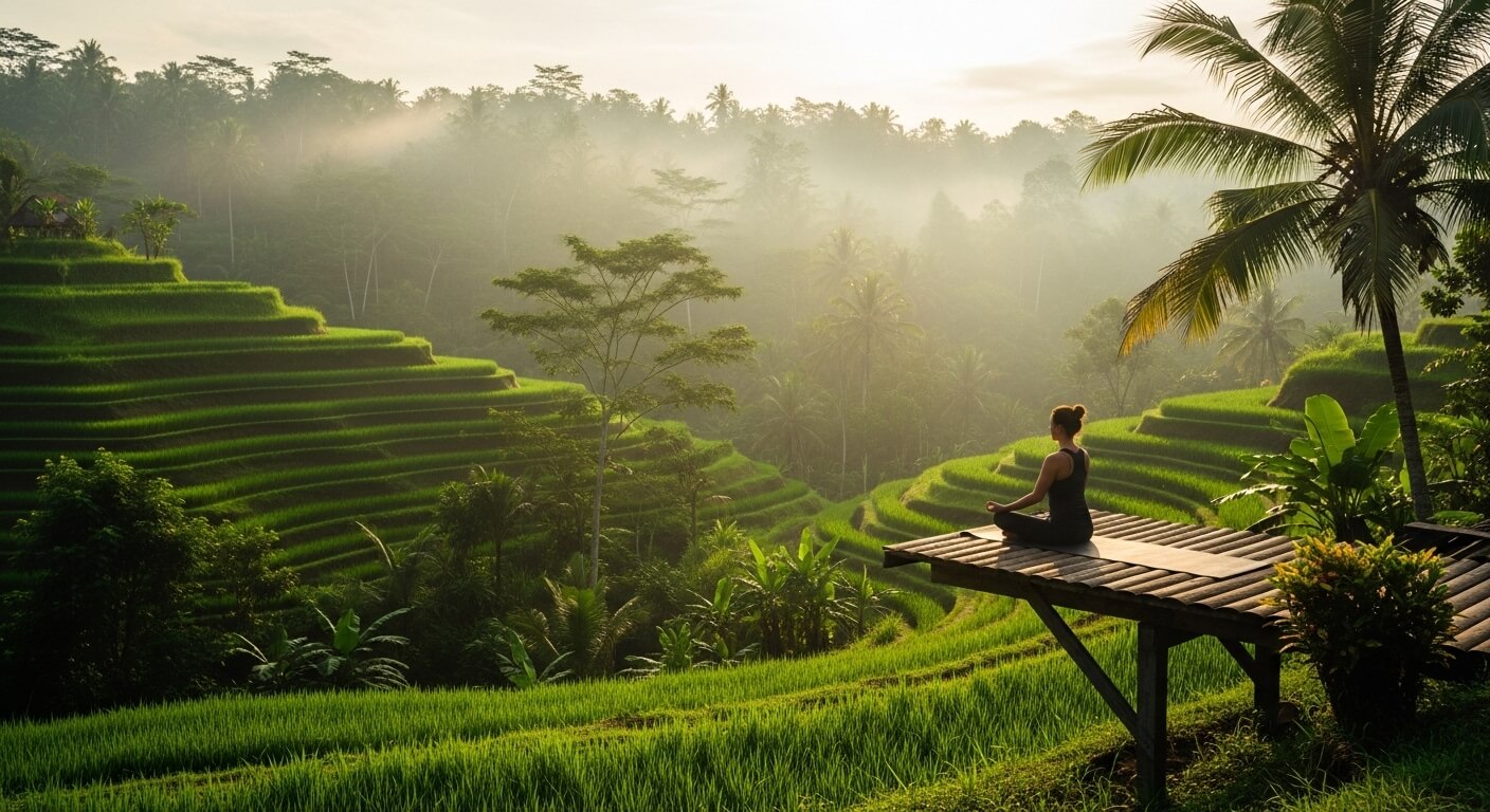 Woman meditating on a wooden platform overlooking lush green terraced rice fields at sunrise.