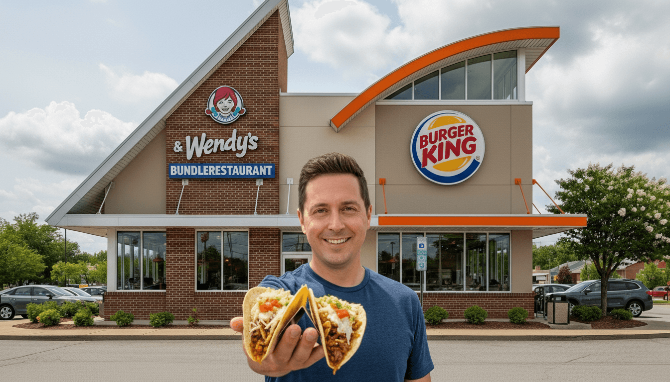 Man holding two tacos in front of a combined Wendy's and Burger King restaurant building