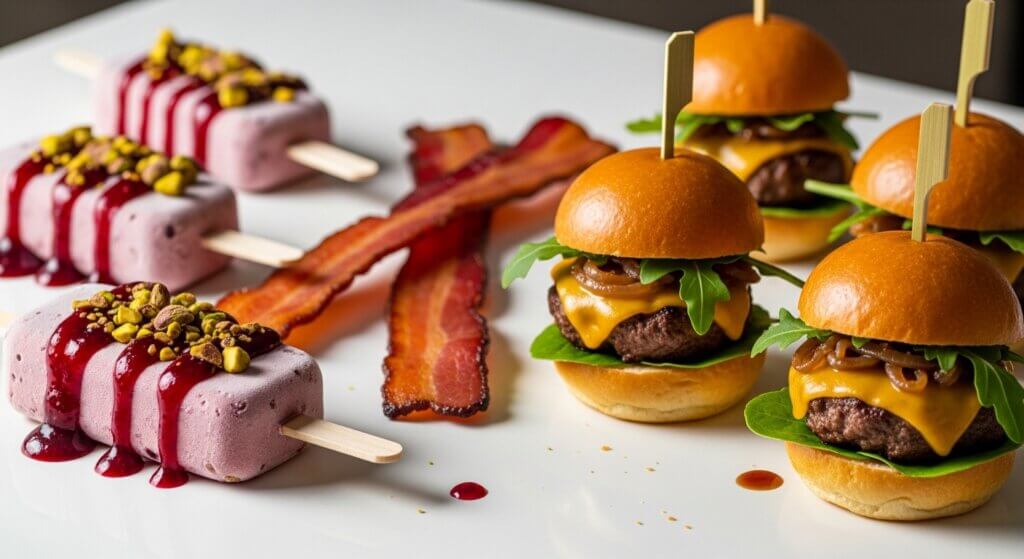 Four mini cheeseburgers with arugula and caramelized onions, two strips of bacon, and three berry popsicles topped with nuts and sauce