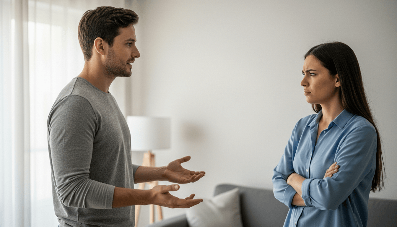 Man in gray shirt talking with woman in blue shirt with arms crossed, both appearing upset in a living room.