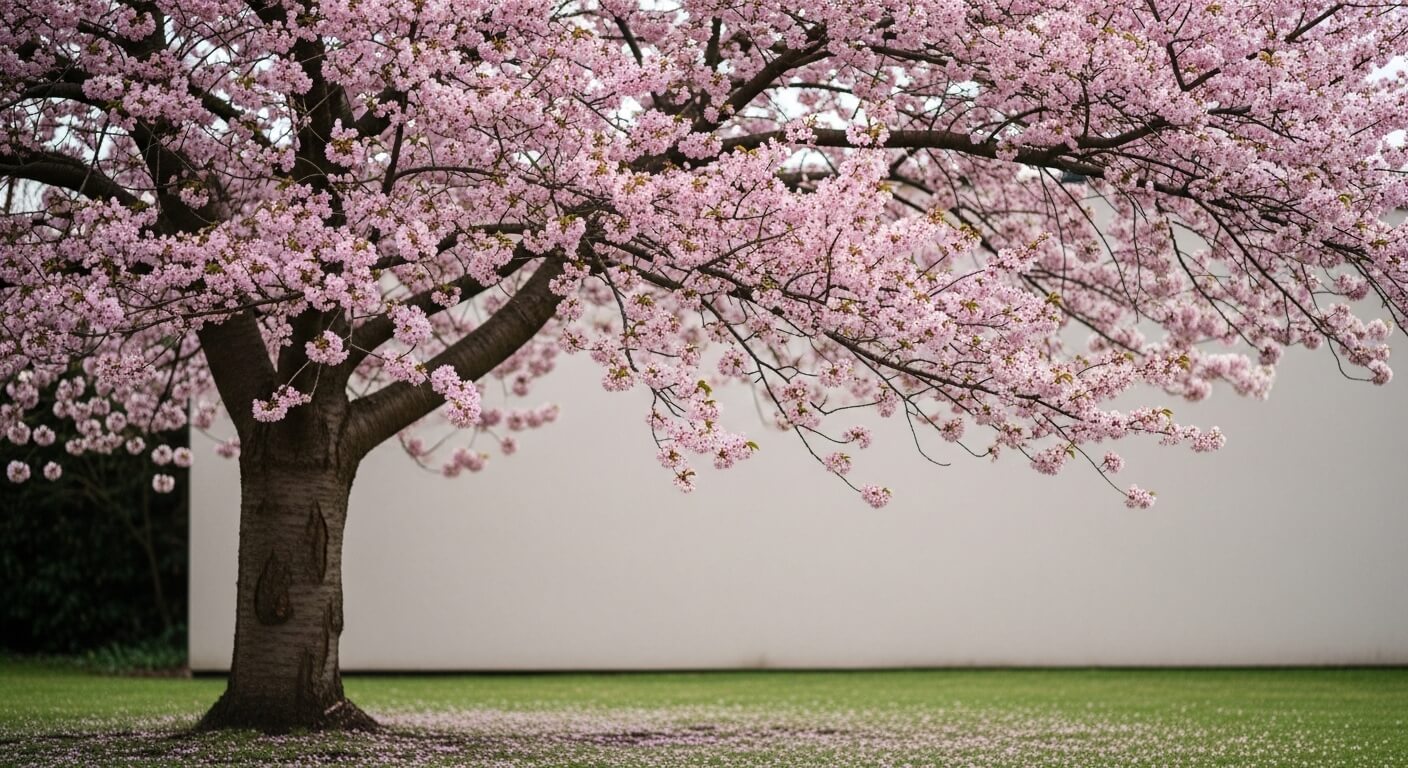 Cherry blossom tree with pink flowers in full bloom against a plain background and green grass below.
