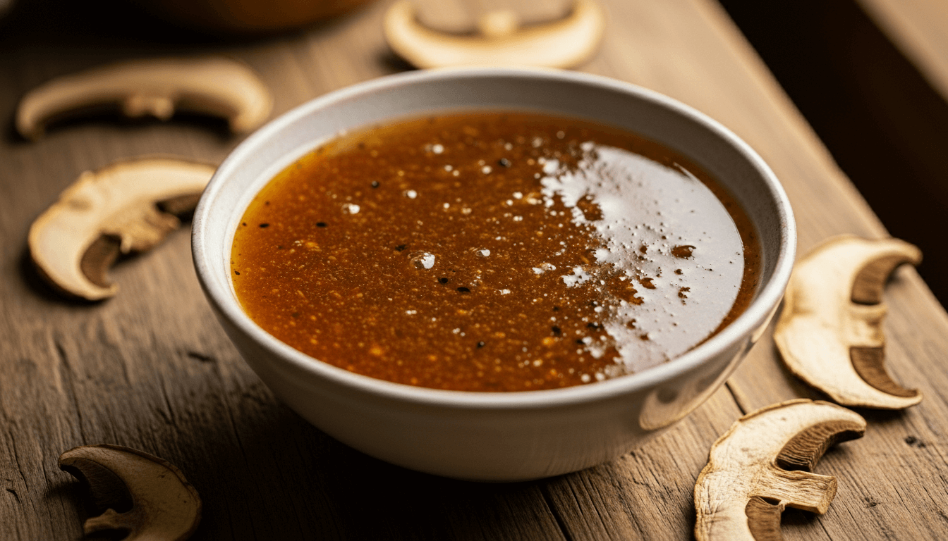 Bowl of brown mushroom soup surrounded by dried mushroom slices on a wooden surface