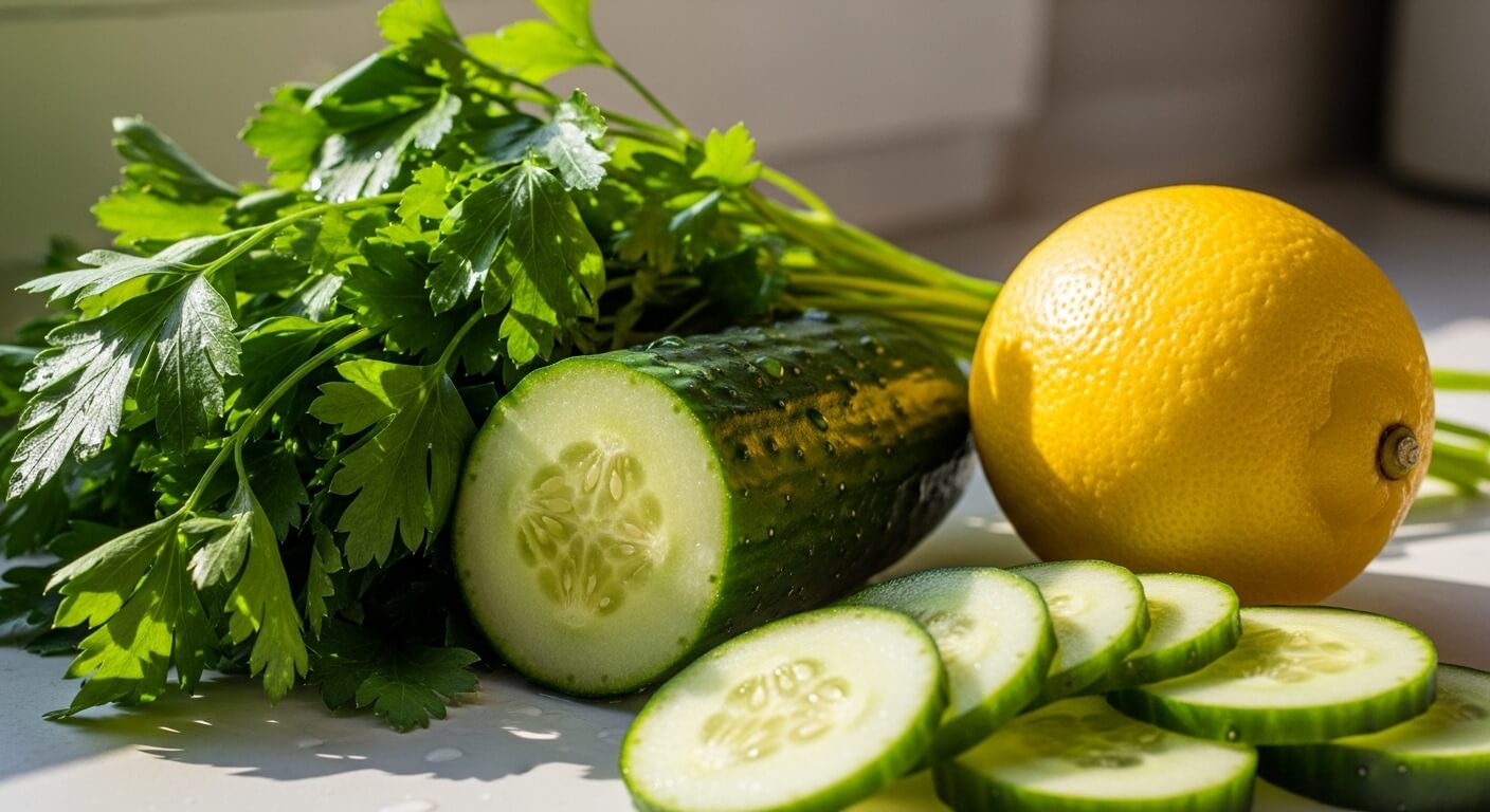 Fresh parsley, a halved cucumber with slices, and a whole lemon on a white surface in natural light