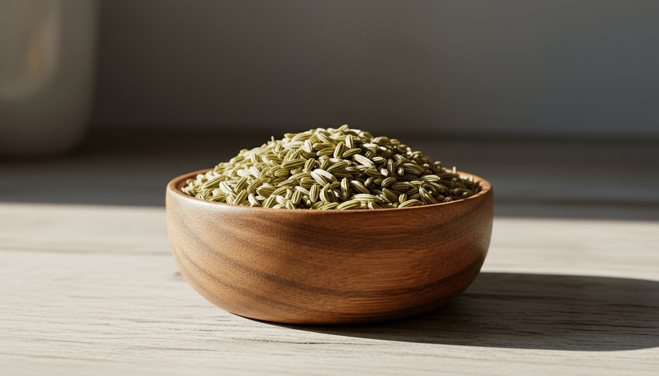 Wooden bowl filled with whole fennel seeds on a light wooden surface with soft natural light.