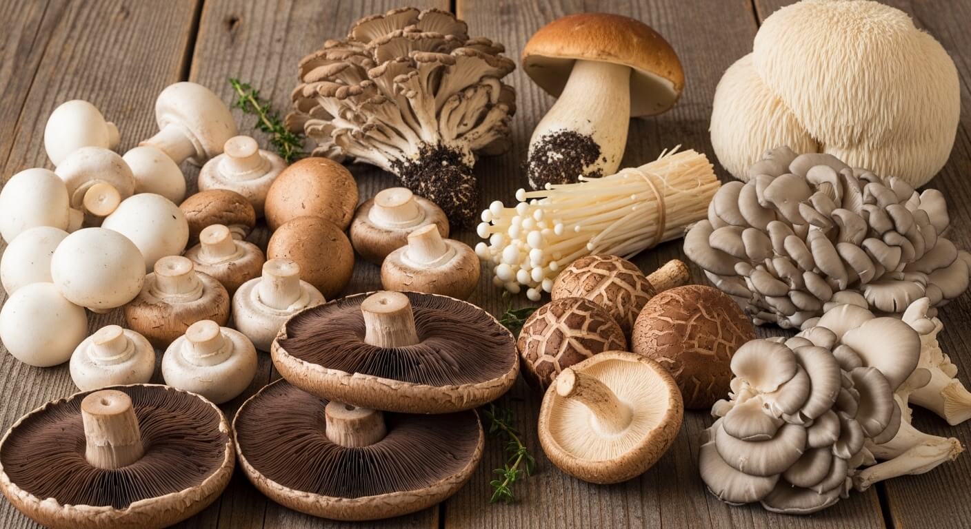 Assorted fresh mushrooms including white button, cremini, portobello, maitake, enoki, shiitake, king oyster, and lion's mane on wood.