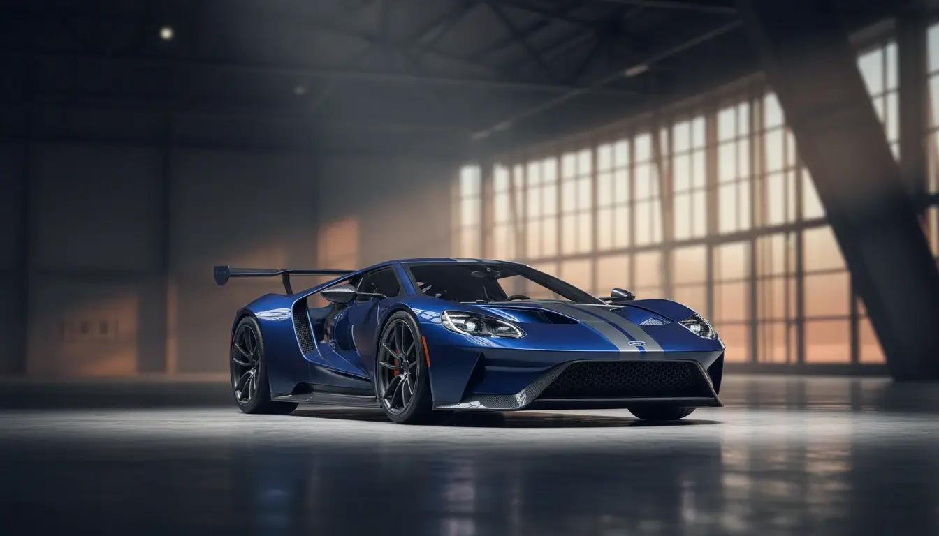 Blue Ford GT sports car with silver racing stripe in a spacious industrial garage at sunset