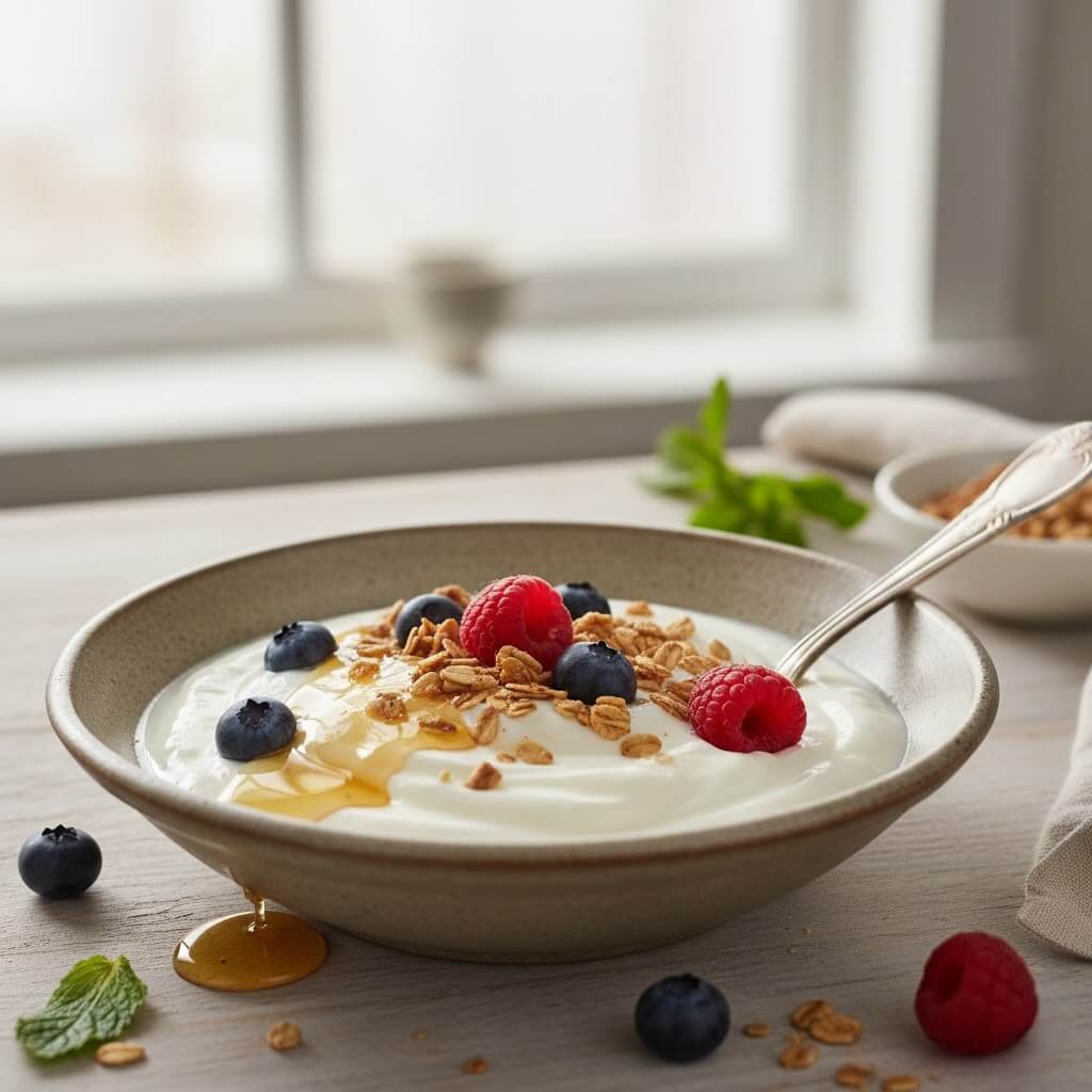 Bowl of yogurt topped with granola, blueberries, raspberries, and honey dripping over the edge.