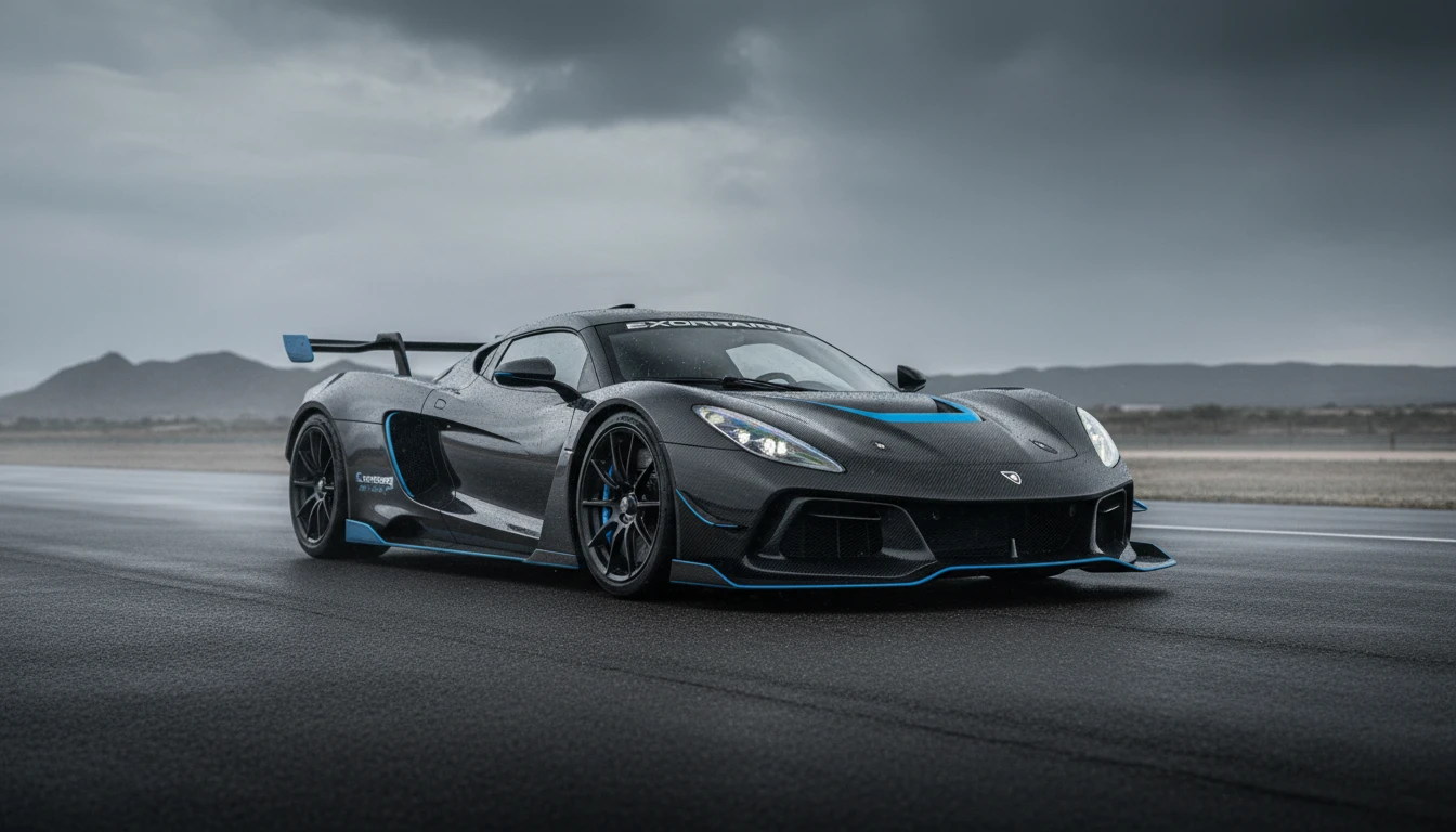 Exomotive black and blue carbon fiber sports car on wet racetrack under cloudy sky