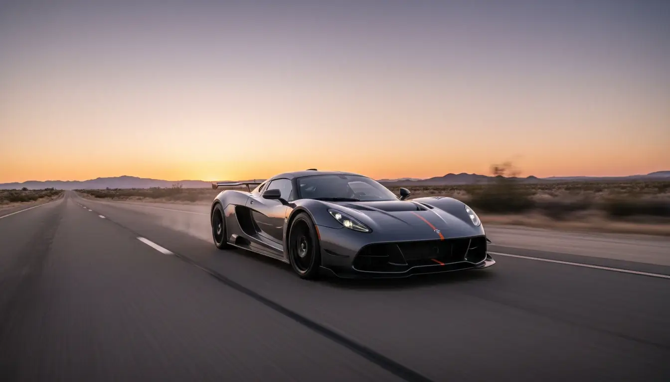 Dark gray Koenigsegg Agera RS sports car driving on a desert highway at sunset