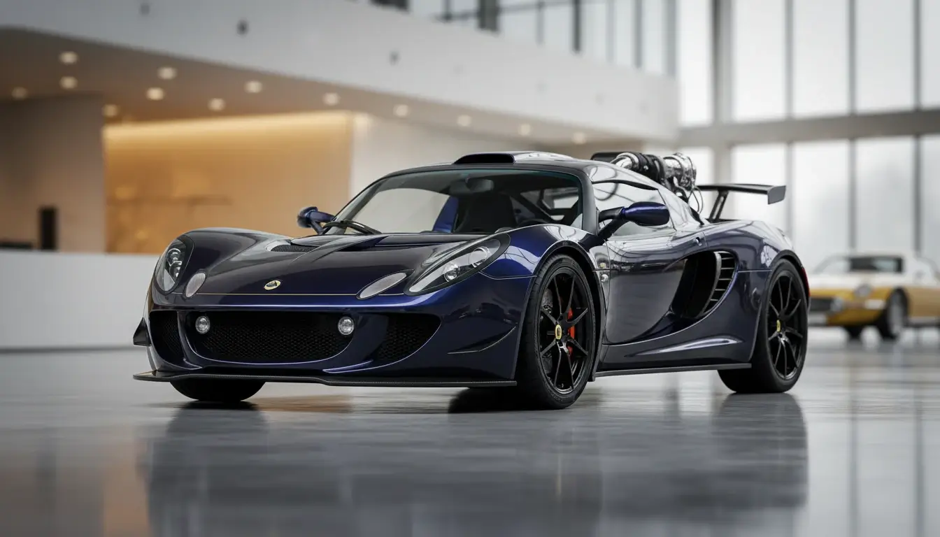 Lotus Exige sports car in dark blue displayed in a modern showroom with polished floors and large windows.