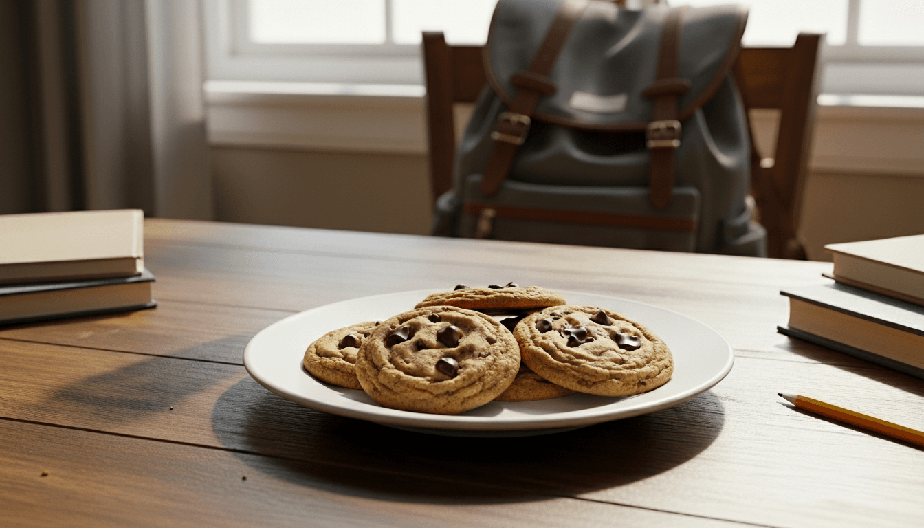 Plate of chocolate chip cookies on a wooden table with books, pencil, and a backpack in the background