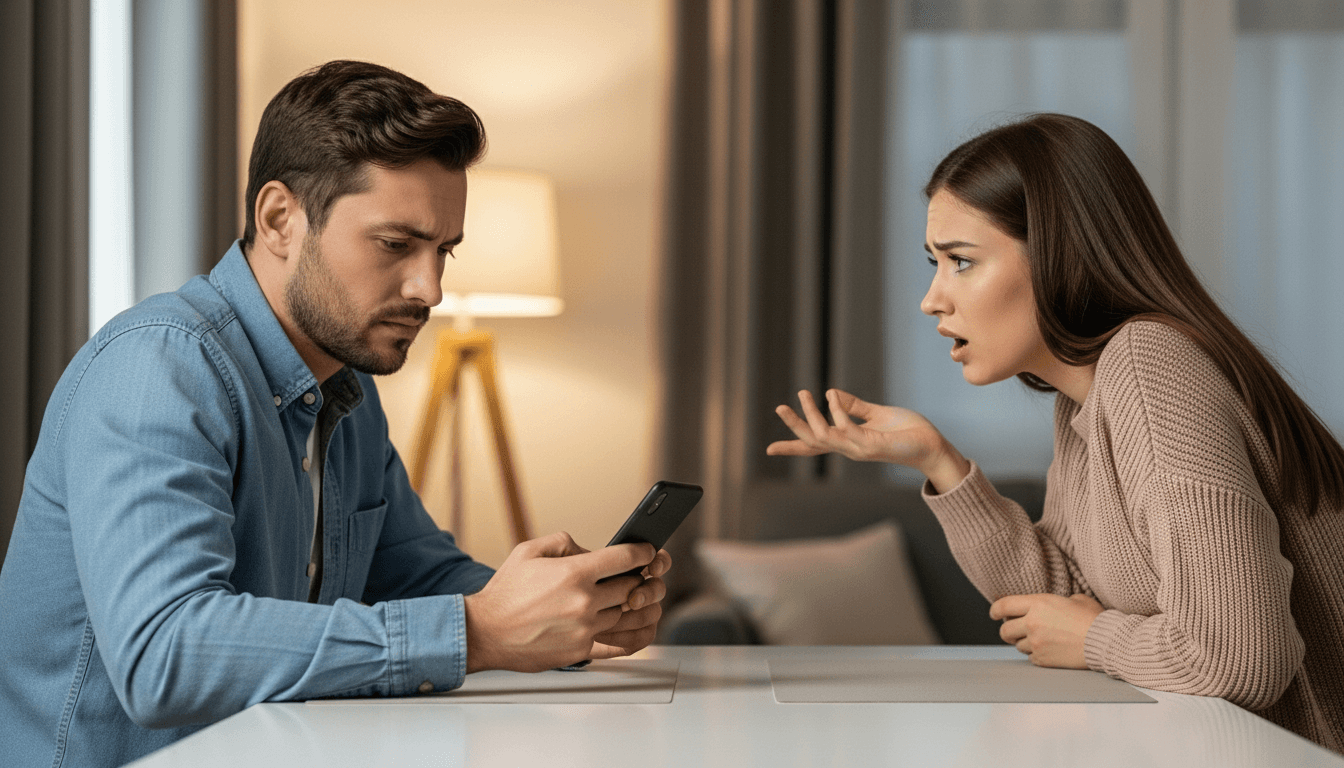 Man in blue shirt looking at phone while woman in beige sweater gestures and talks across table in living room