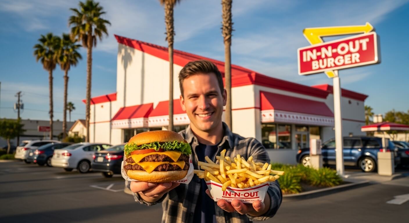 Man holding In-N-Out Burger cheeseburger and fries outside In-N-Out Burger restaurant with palm trees and cars in background