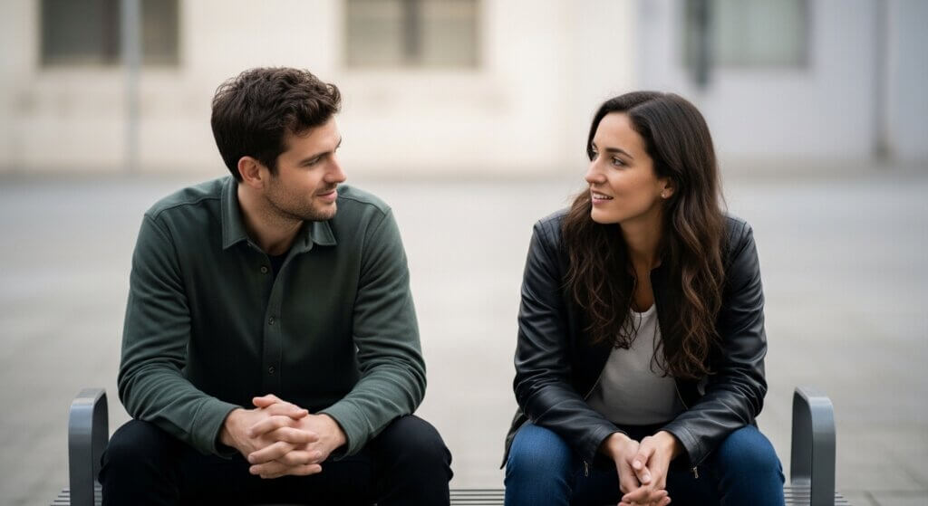 Man in green shirt and woman in black leather jacket sitting on bench and talking outdoors