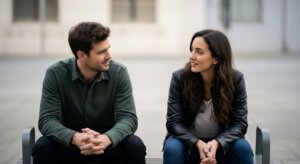 Man in green shirt and woman in black leather jacket sitting on bench and talking outdoors