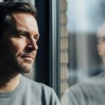 Man in gray sweater looking thoughtfully out a window with his reflection visible on the glass