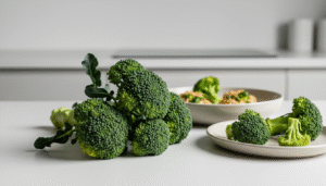 Fresh broccoli florets on a white kitchen countertop with plates of broccoli and food in the background