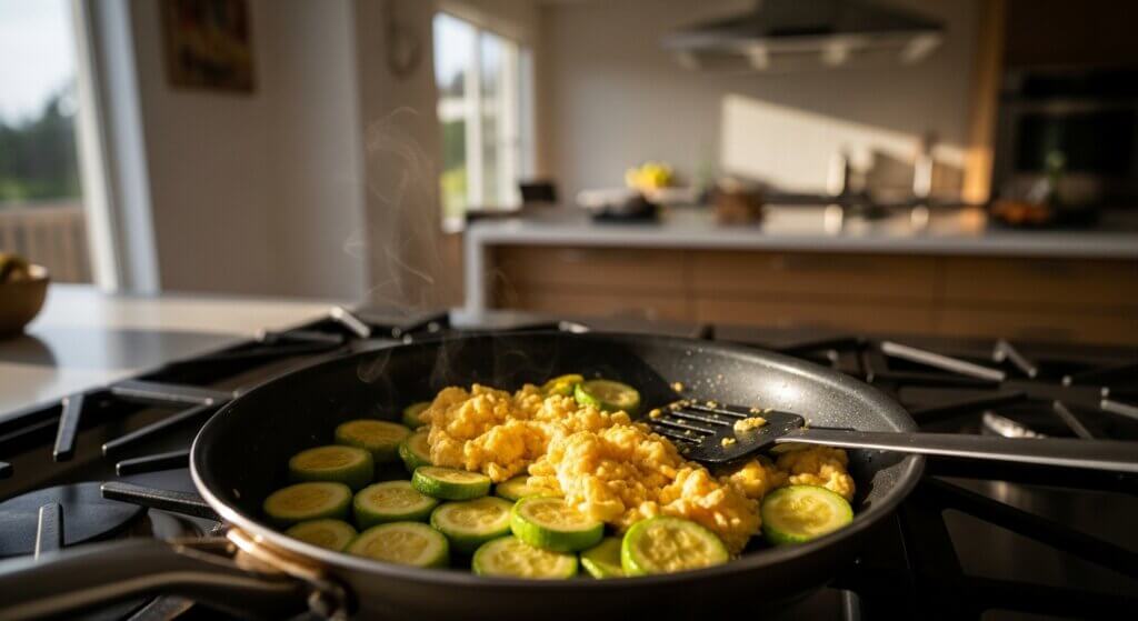 Scrambled eggs cooking with sliced zucchini in a black frying pan on a gas stove.