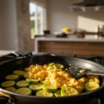 Scrambled eggs cooking with sliced zucchini in a black frying pan on a gas stove.