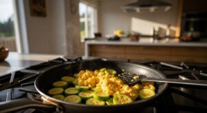 Scrambled eggs cooking with sliced zucchini in a black frying pan on a gas stove.