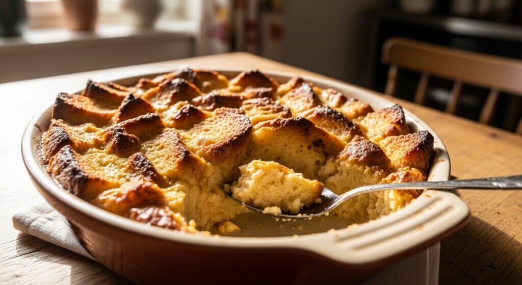 Spoon scooping a portion of golden brown baked bread pudding in a ceramic dish on a wooden table.