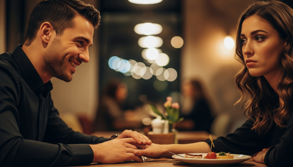 Man smiling and holding hands with a woman who looks upset at a restaurant table with a dessert plate