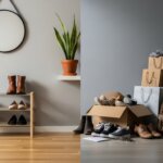 Shoe rack with boots and shoes next to a cardboard box filled with shoes, shopping bags, and a brown leather backpack in a room.