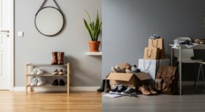 Shoe rack with boots and shoes next to a cardboard box filled with shoes, shopping bags, and a brown leather backpack in a room.