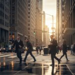 Business people crossing a wet city street at sunset among tall office buildings.