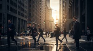 Business people crossing a wet city street at sunset among tall office buildings.