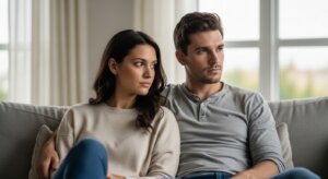 Young couple sitting on a couch looking thoughtfully out a window in a bright living room