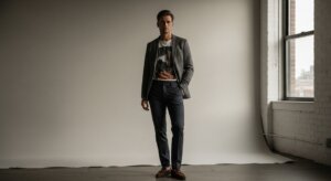Man wearing a gray blazer, graphic t-shirt, navy trousers, and brown loafers standing in a studio with a white backdrop.