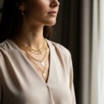 Woman wearing layered gold necklaces and a beige blouse, standing near a window with soft natural light.