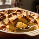 Spoon scooping a portion of golden brown baked bread pudding in a ceramic dish on a wooden table.