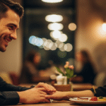 Man smiling and holding hands with a woman who looks upset at a restaurant table with a dessert plate
