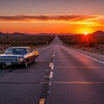 Classic black Chevrolet Impala driving on a desert highway at sunset with mountains and cacti in the background.