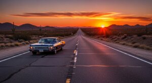 Classic black Chevrolet Impala driving on a desert highway at sunset with mountains and cacti in the background.