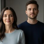 Portrait of a woman in a light blue sweater and a man in a dark blue shirt standing indoors against a neutral background.