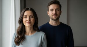 Portrait of a woman in a light blue sweater and a man in a dark blue shirt standing indoors against a neutral background.