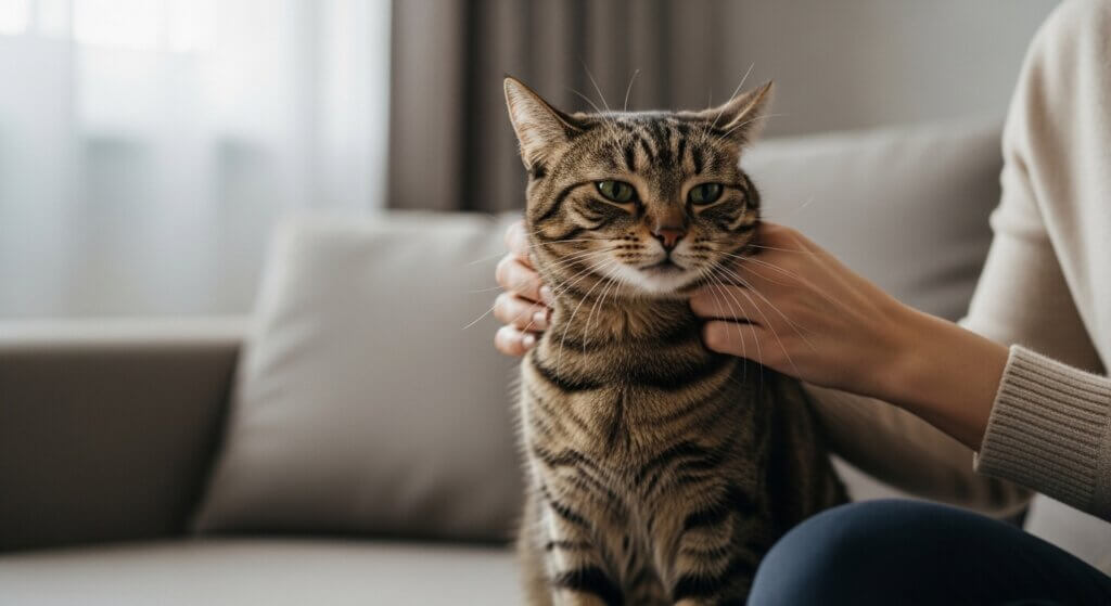Tabby cat being gently held by a person wearing a beige sweater on a gray couch.