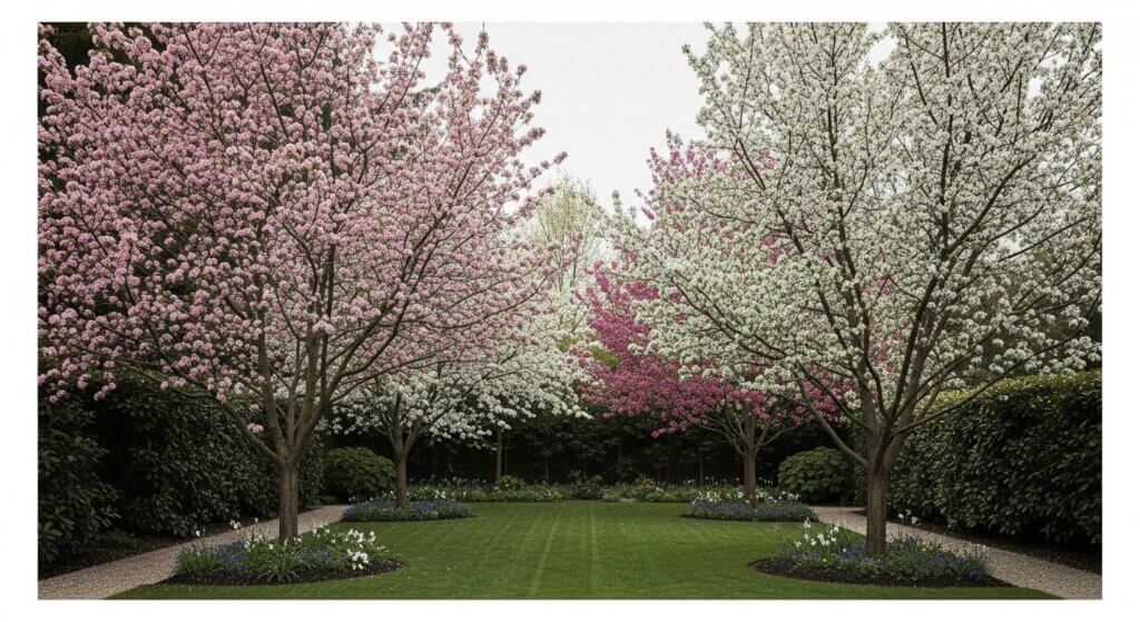 Symmetrical garden with blooming pink and white cherry blossom trees along a green lawn and gravel paths