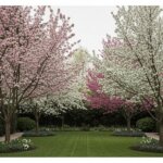 Symmetrical garden with blooming pink and white cherry blossom trees along a green lawn and gravel paths