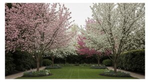 Symmetrical garden with blooming pink and white cherry blossom trees along a green lawn and gravel paths