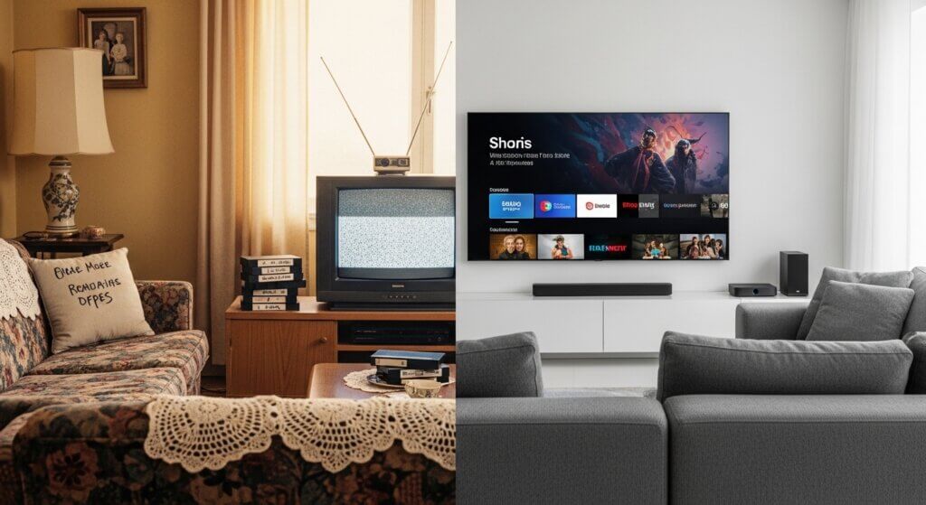 Split image showing a vintage living room with an old TV and a modern living room with a flat-screen smart TV displaying streaming apps.